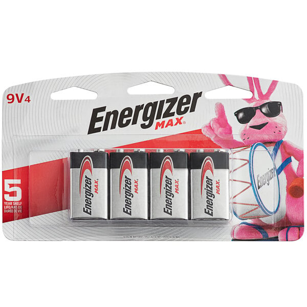 A package of 4 Energizer MAX 9V Alkaline Batteries.