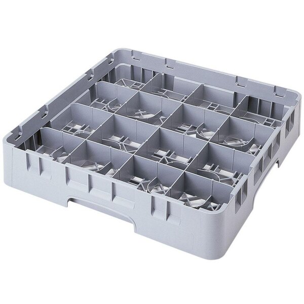 A large gray plastic Cambro glass rack with 16 compartments.
