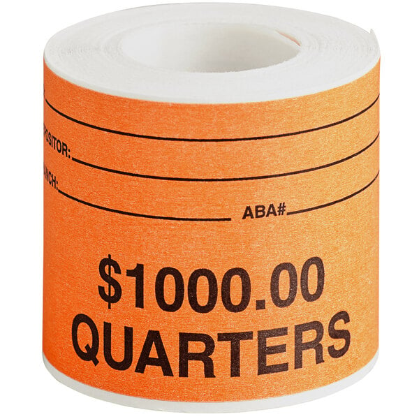 A roll of paper labels for quarters with black text reading "$1000" on it.