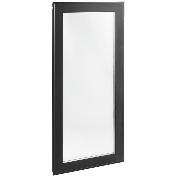 A black rectangular door with a white background.