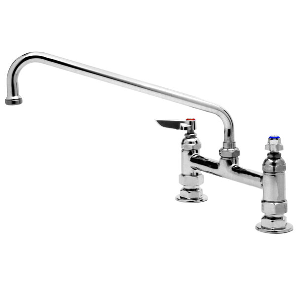 A chrome T&S deck-mounted faucet with lever handles.