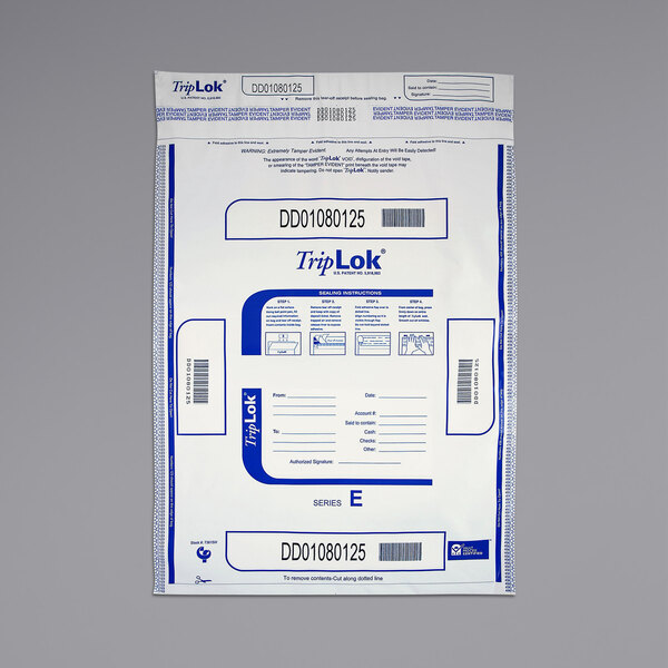 A package of white Controltek USA TripLok tamper-evident cash deposit bags with a blue label.