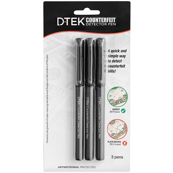 A package of 3 black DTEK counterfeit detector pens.