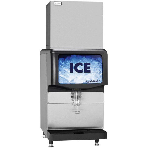 An Ice-O-Matic remote cooled pearl nugget ice machine with a blue screen on top.