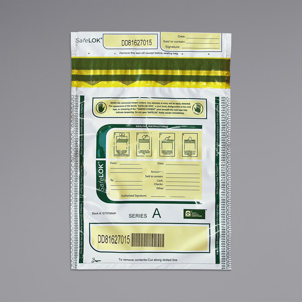 A white plastic bag with a yellow label and green SafeLok instructions.
