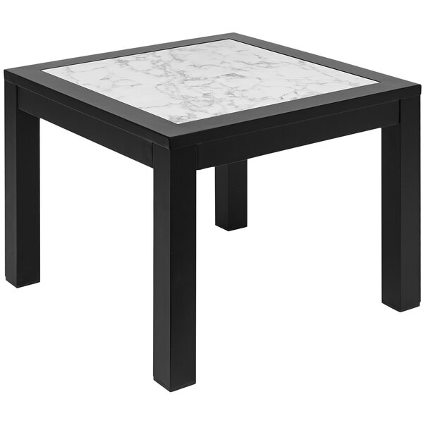 A black square BFM Seating aluminum end table with a white Carrara marble top.