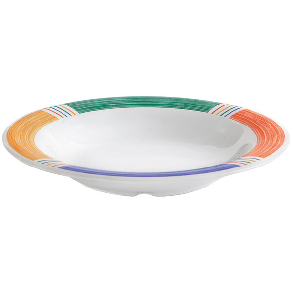 A white melamine bowl with colorful diamond stripes.