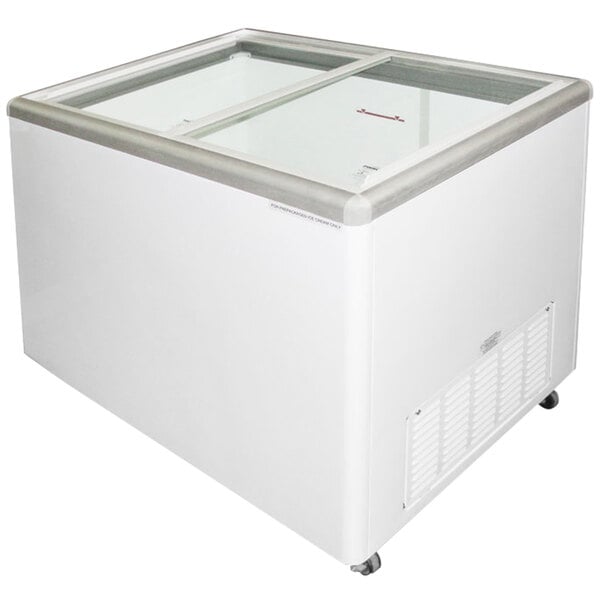 A white Excellence Ice Cream display freezer with glass flat lids.