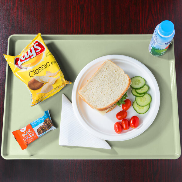 A Cambro dietary tray with a sandwich, chips, and a bottle of water.