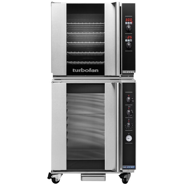 A white Moffat Turbofan electric convection oven with a door open.