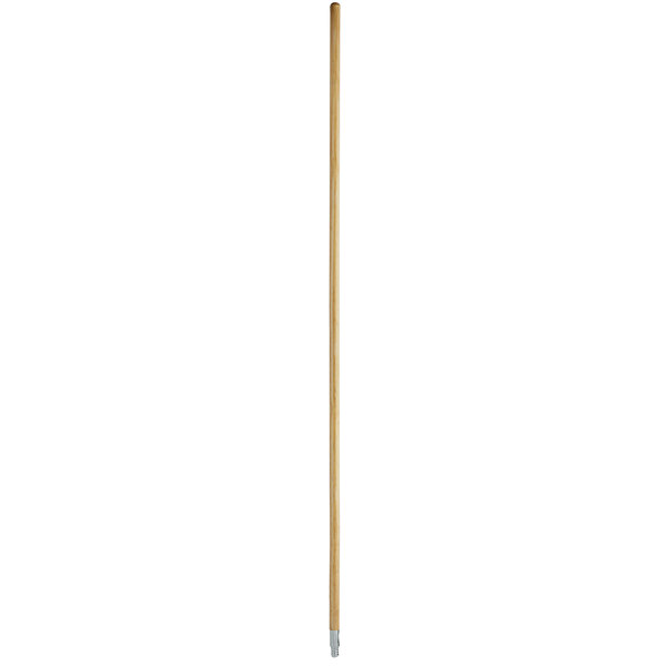 A Rubbermaid wooden broom handle with metal threads.