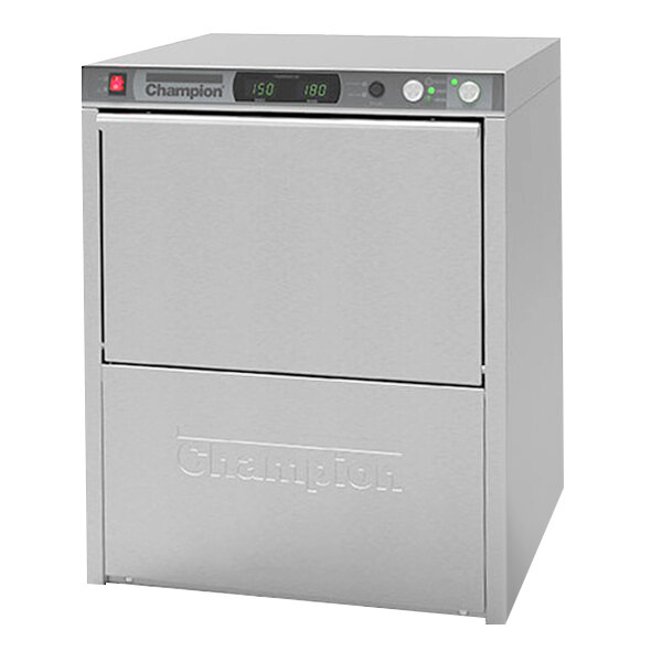 A silver Champion undercounter dishwasher with a digital display.
