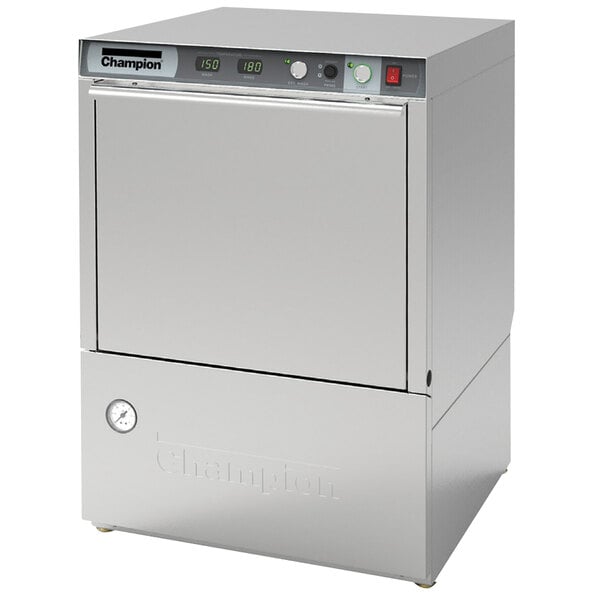 A silver rectangular Champion undercounter dishwasher with buttons and dials.