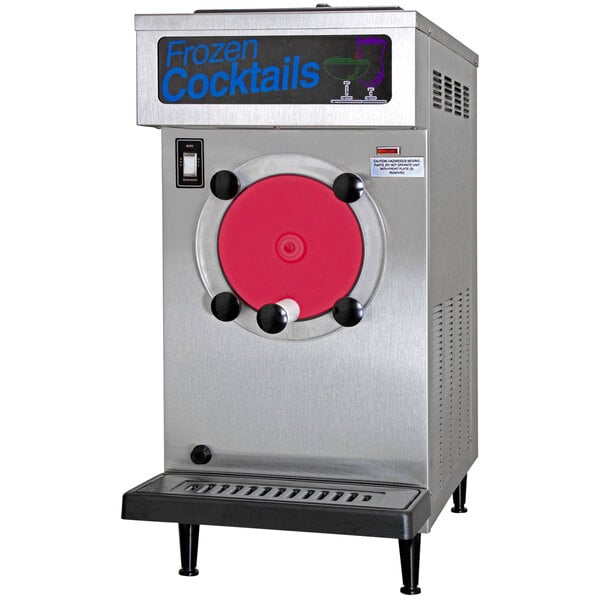 A silver SaniServ frozen cocktail machine with a red circle on the front.