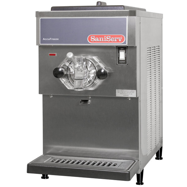 A SaniServ commercial countertop water cooled soft serve ice cream machine with a stainless steel finish.