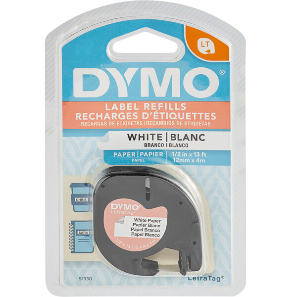 White DYMO LetraTag paper label tape.