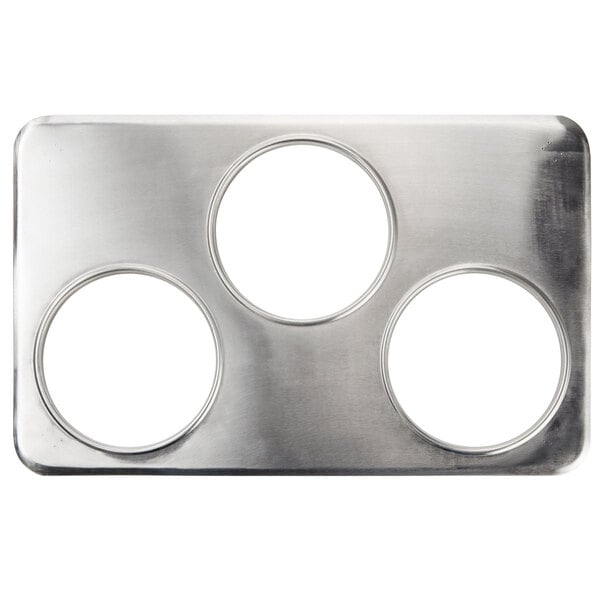 A silver stainless steel Vigor adapter plate with three circles.