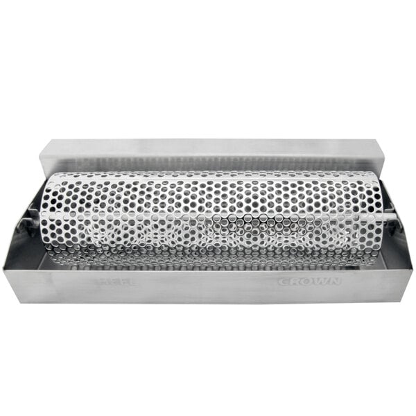 A stainless steel metal tray with cylindrical holes.