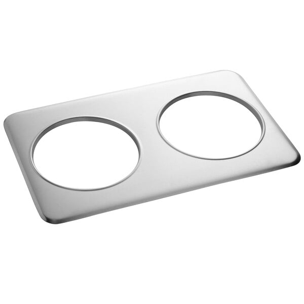 A silver ServIt steam table adapter plate with two holes.
