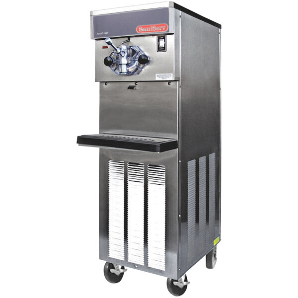 A stainless steel SaniServ water cooled ice cream machine with a clear container.
