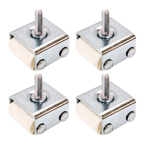 A set of 4 metal roller casters with white rubber pads.