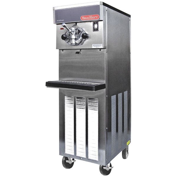 A stainless steel SaniServ shake machine with a stainless steel cabinet.