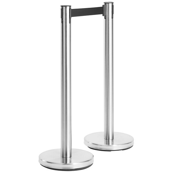 An American Metalcraft silver stanchion set with 2 silver and black poles and black tape.