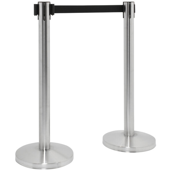 Two American Metalcraft stainless steel stanchions with black and silver belts attached.