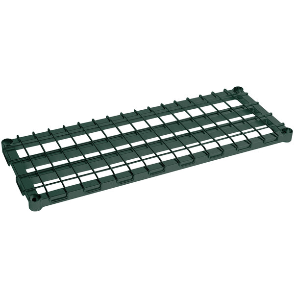 A black Metro dunnage rack with a wire mat.