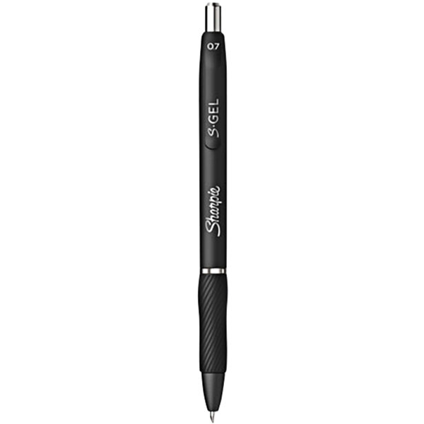 The black Sharpie S-Gel retractable pen with black lines on the barrel.
