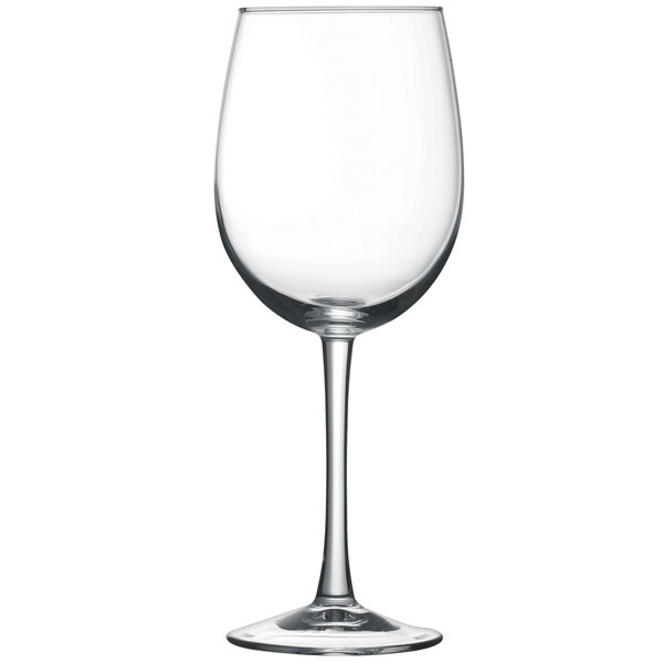 An Arcoroc clear wine glass with a stem.