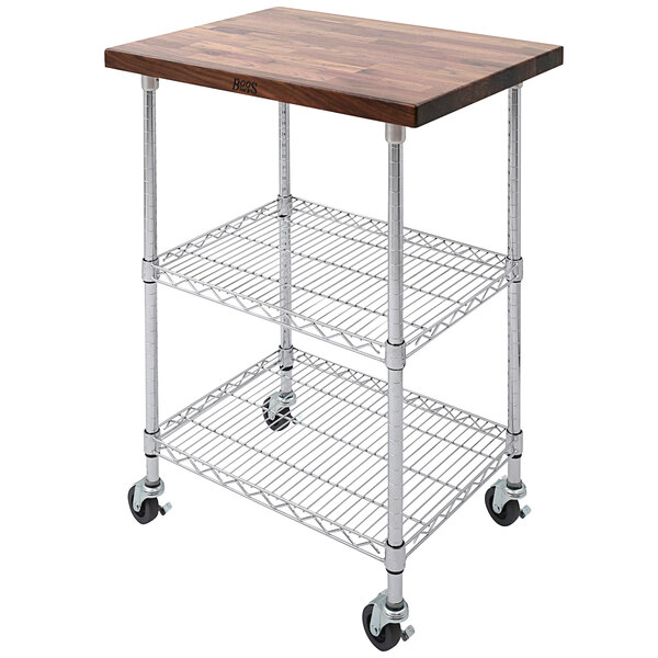 A metal utility cart with a walnut wood top shelf.