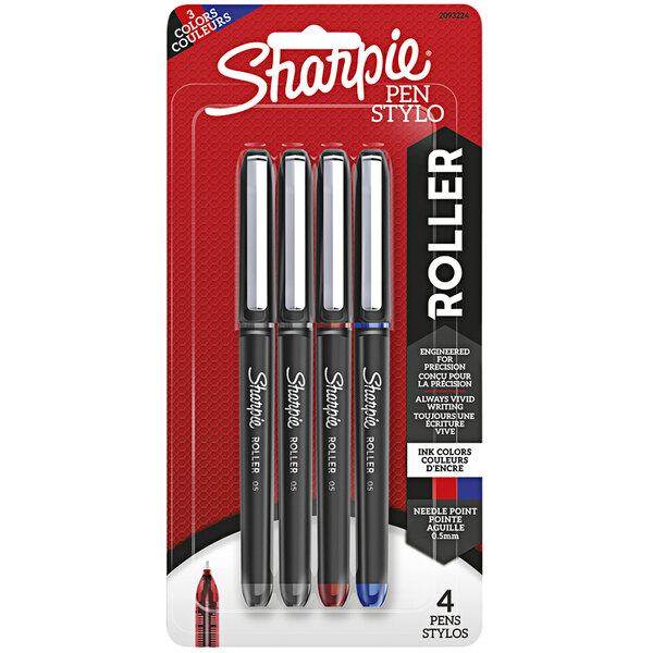 A package of 4 Sharpie roller ball pens with black barrels.