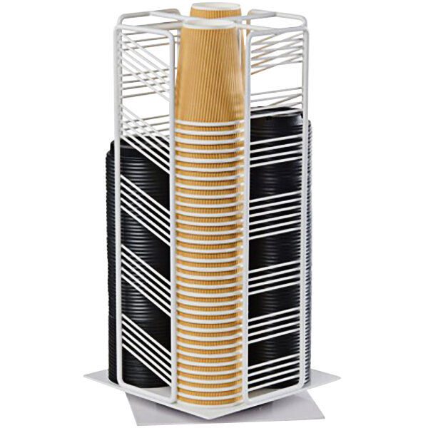 A white metal rack with black and white Cal-Mil cup and lid containers.
