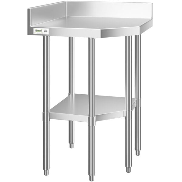 A Regency stainless steel corner work table with an undershelf.