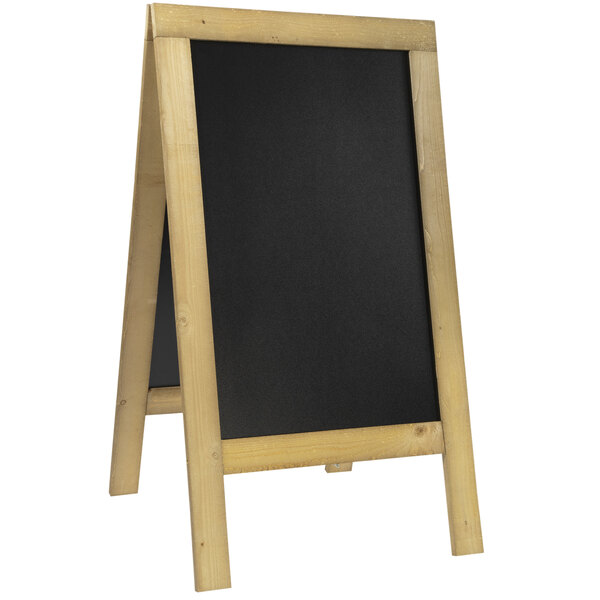 An American Metalcraft natural wood A-frame chalkboard with black board panels.