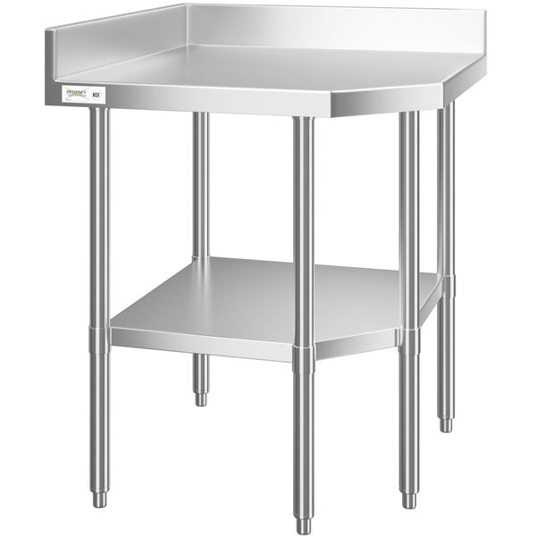 A Regency stainless steel corner work table with shelves.