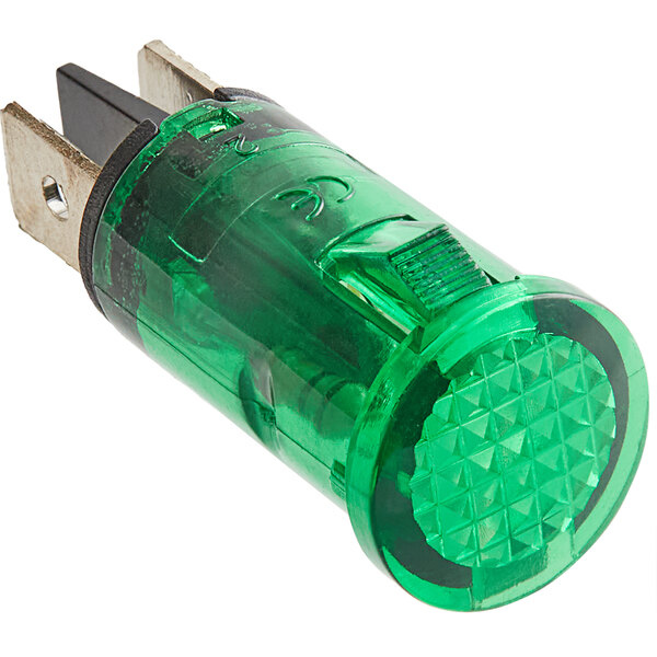 A green indicator light with a round cap on a white background.