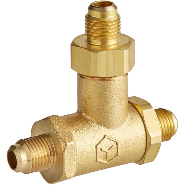 A brass Estella Caffe three way valve with a gold finish.