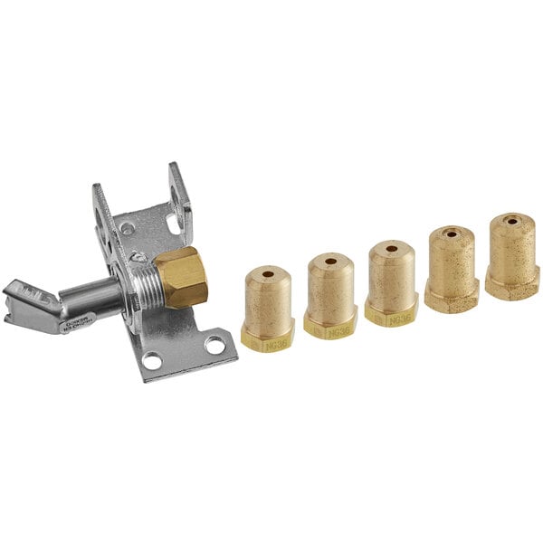 A metal bracket holding brass fittings and nuts.
