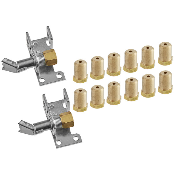 A group of metal parts with brass nuts and knobs.