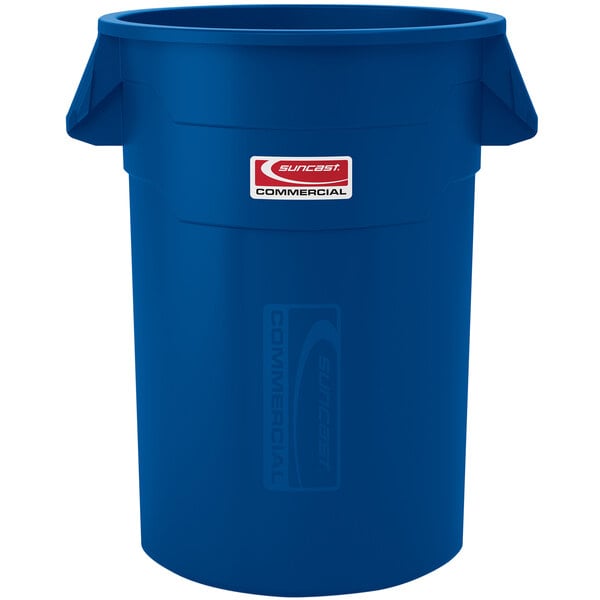 A blue plastic Suncast round trash can with a lid.