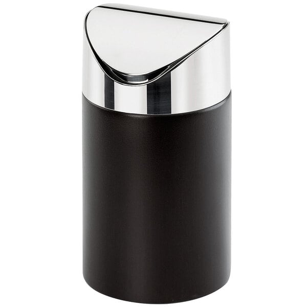 A black and silver Cal-Mil round counter trash can.