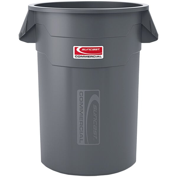 A Suncast gray round trash can with a lid on top.
