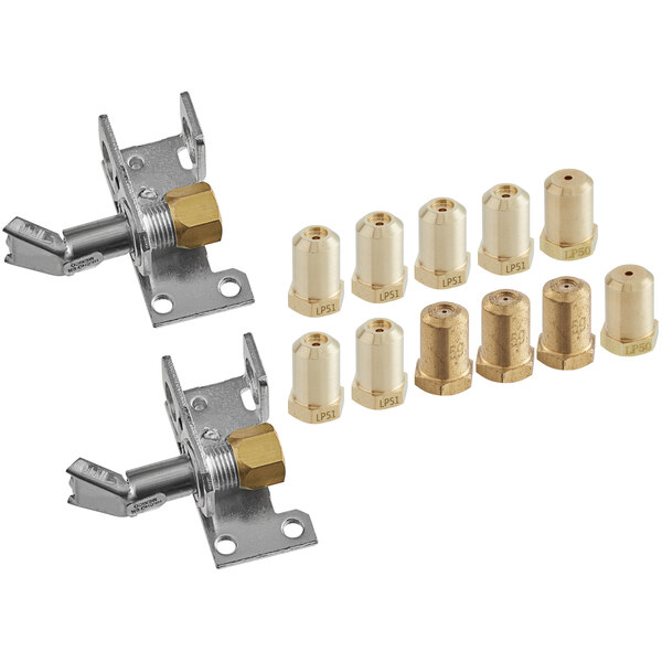 A metal and brass Cooking Performance Group natural gas to liquid propane conversion kit piece with gold screws.