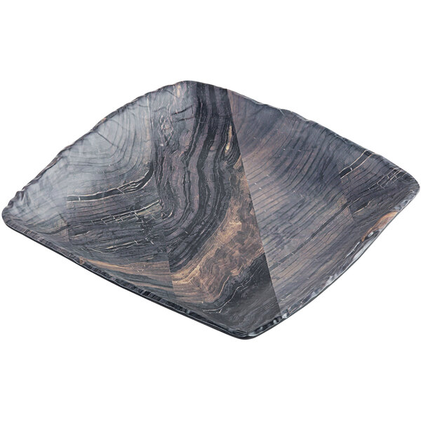 A black and brown rectangular melamine tray with a wood grain pattern.