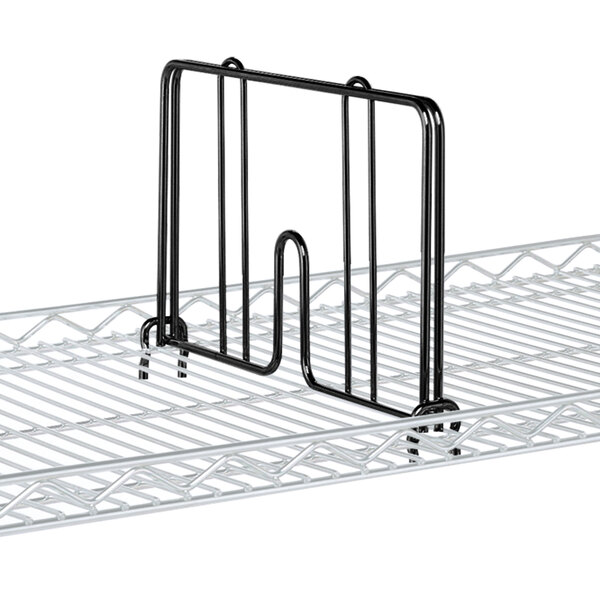 A Metro black wire shelf with a black Metro snap-on divider.