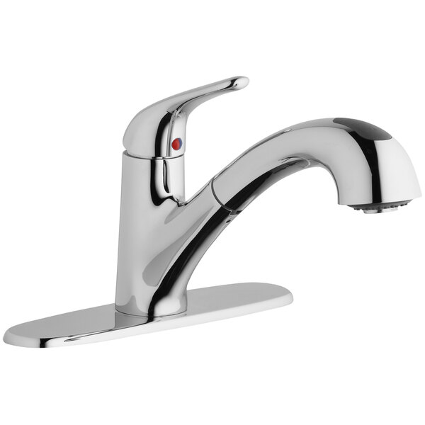 An Elkay chrome kitchen faucet with a lever handle and red dot.
