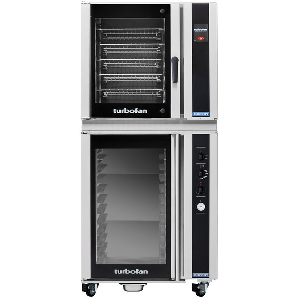 A Moffat Turbofan full size convection oven with a door open and shelves inside.