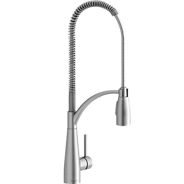 An Elkay Lustrous Steel deck-mount kitchen faucet with semi-professional spout and forward lever handle.